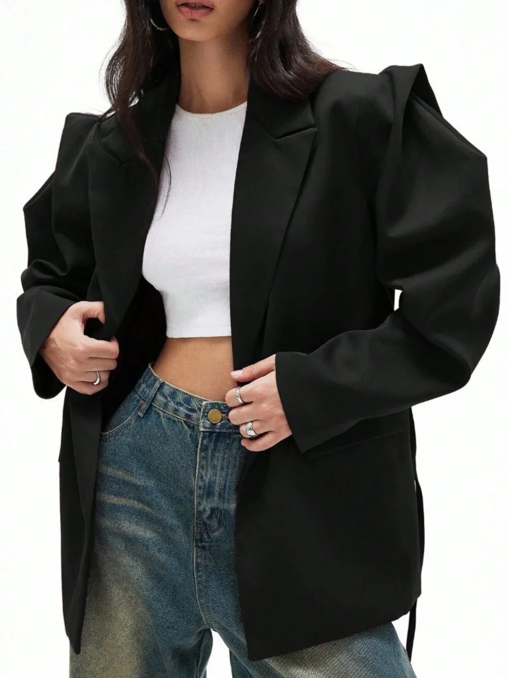 Black Casual Women's Loose Fit Wide-Shoulder Cinched Waist Blazer